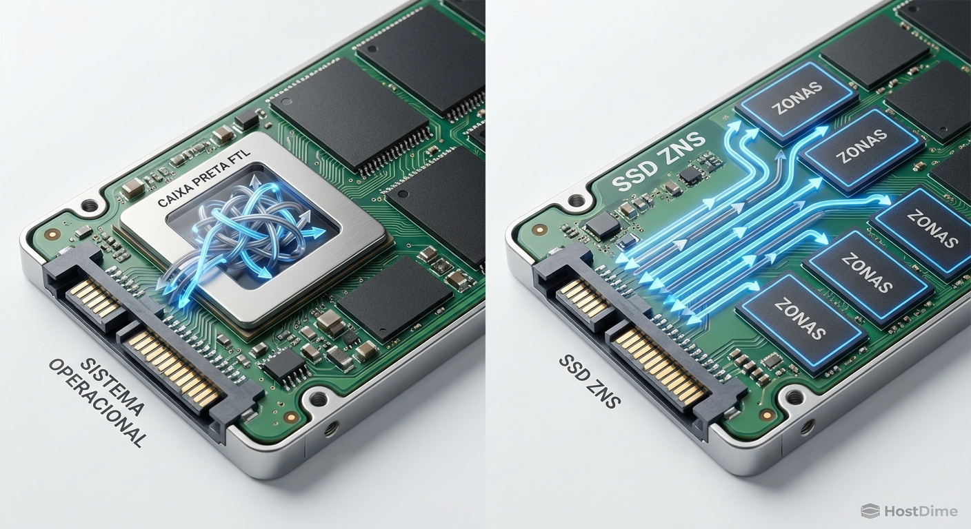 Comparativo arquitetural entre o gargalo da FTL tradicional e o fluxo direto do NVMe ZNS.