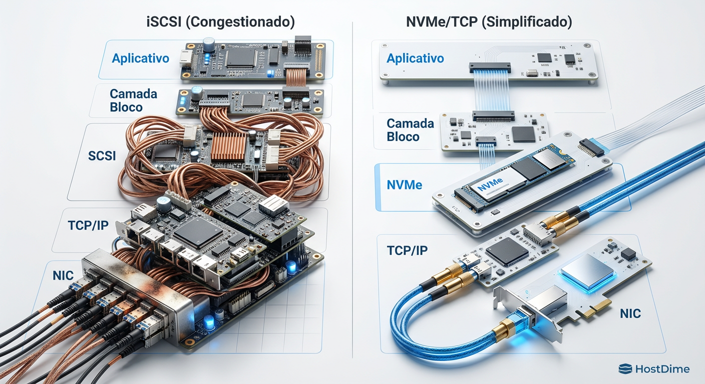 Comparativo visual das pilhas de protocolo: a complexidade da tradução SCSI vs a eficiência do NVMe nativo.