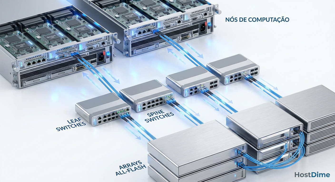 Topologia Leaf-Spine padrão suportando tráfego NVMe/TCP sem necessidade de hardware proprietário ou redes segregadas.