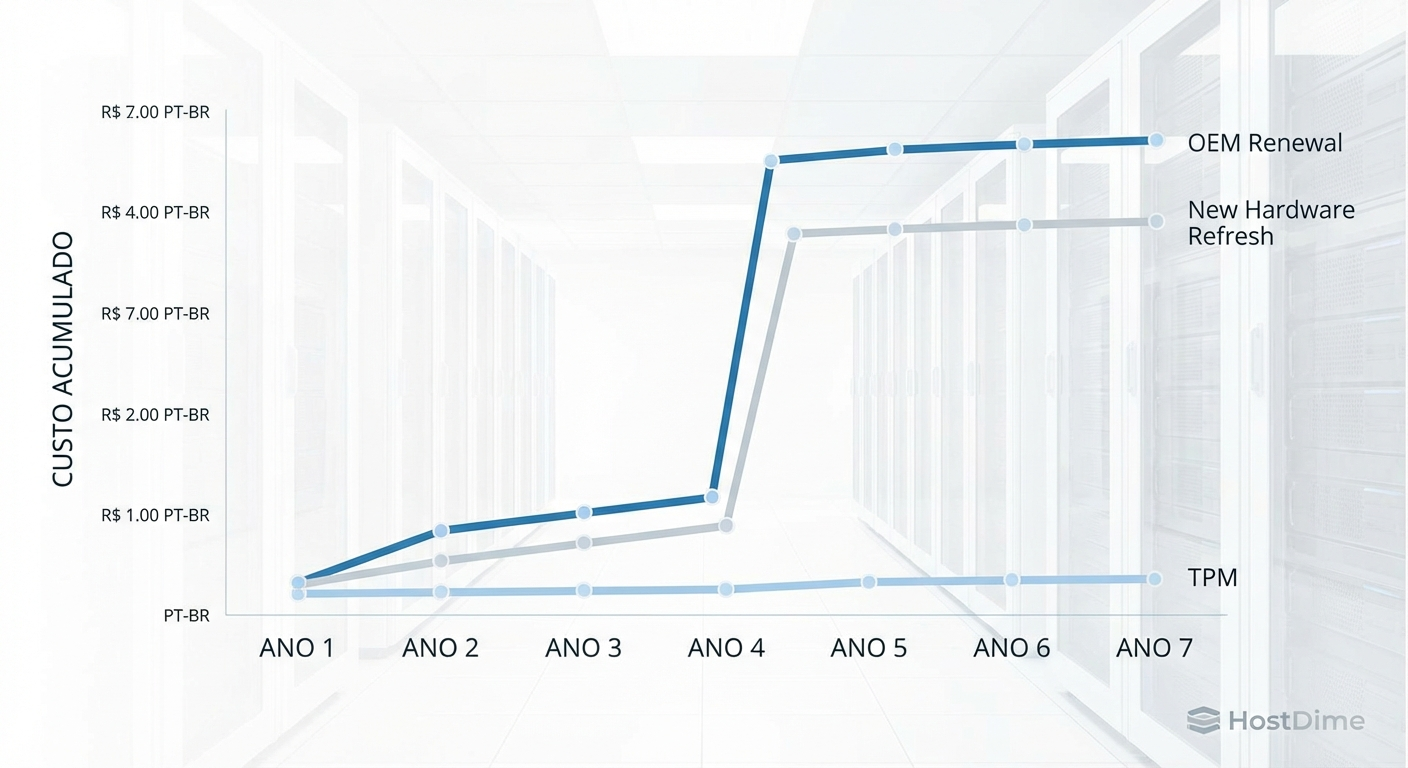 Comparativo de custos acumulados: O impacto financeiro de renovar com OEM versus adotar TPM ou comprar hardware novo.