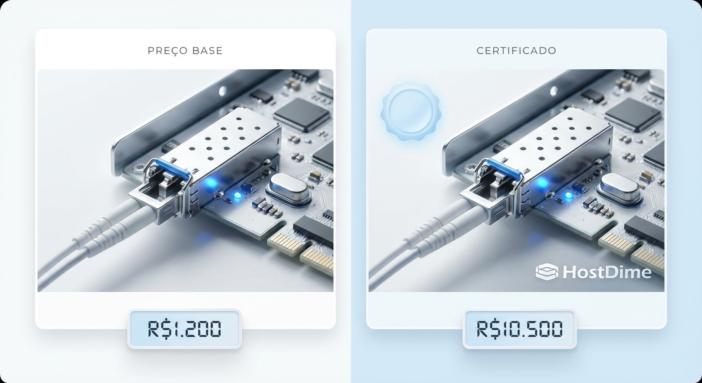 Comparativo visual ilustrando o mesmo hardware físico com preços drasticamente diferentes baseados apenas na certificação do fabricante.