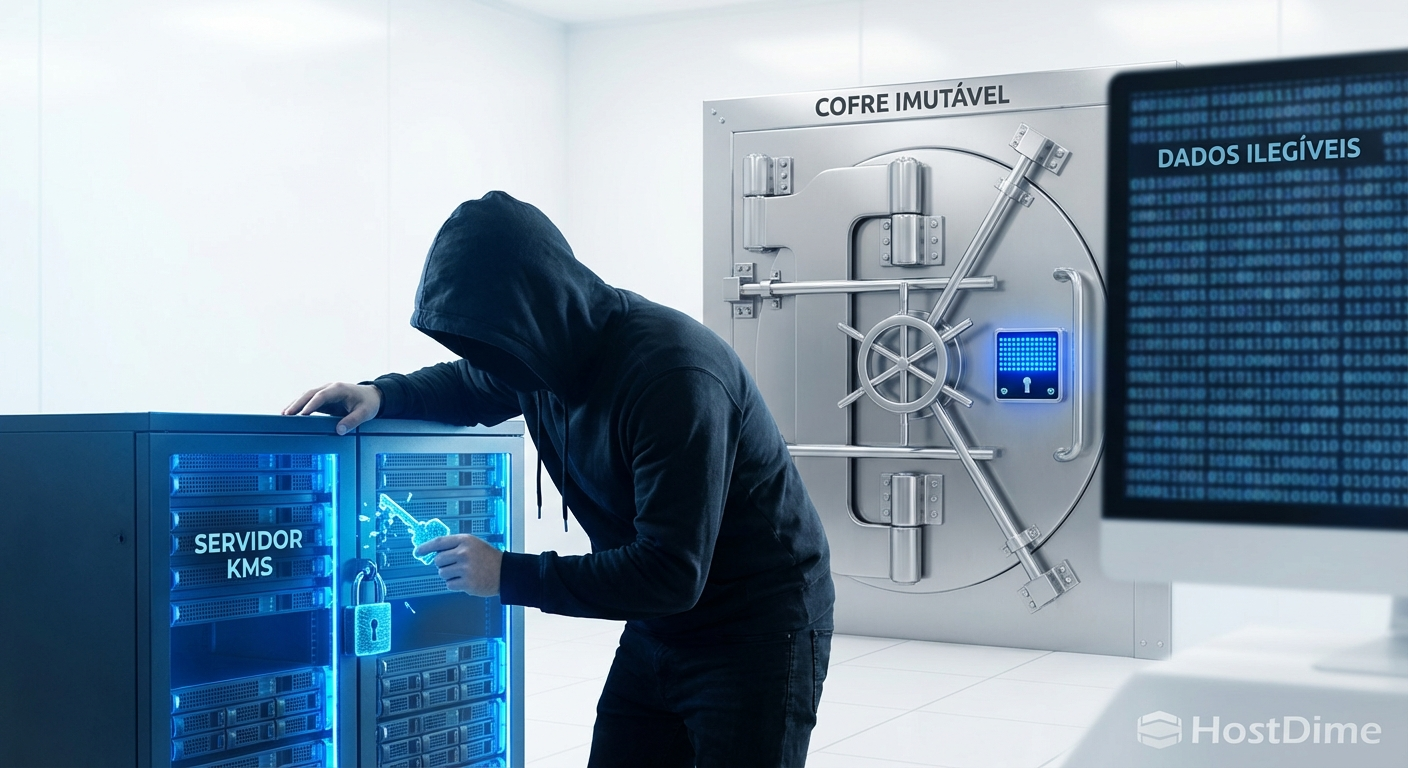 Diagrama ilustrando o vetor de ataque onde o armazenamento imutável é ignorado em favor da destruição das chaves no KMS