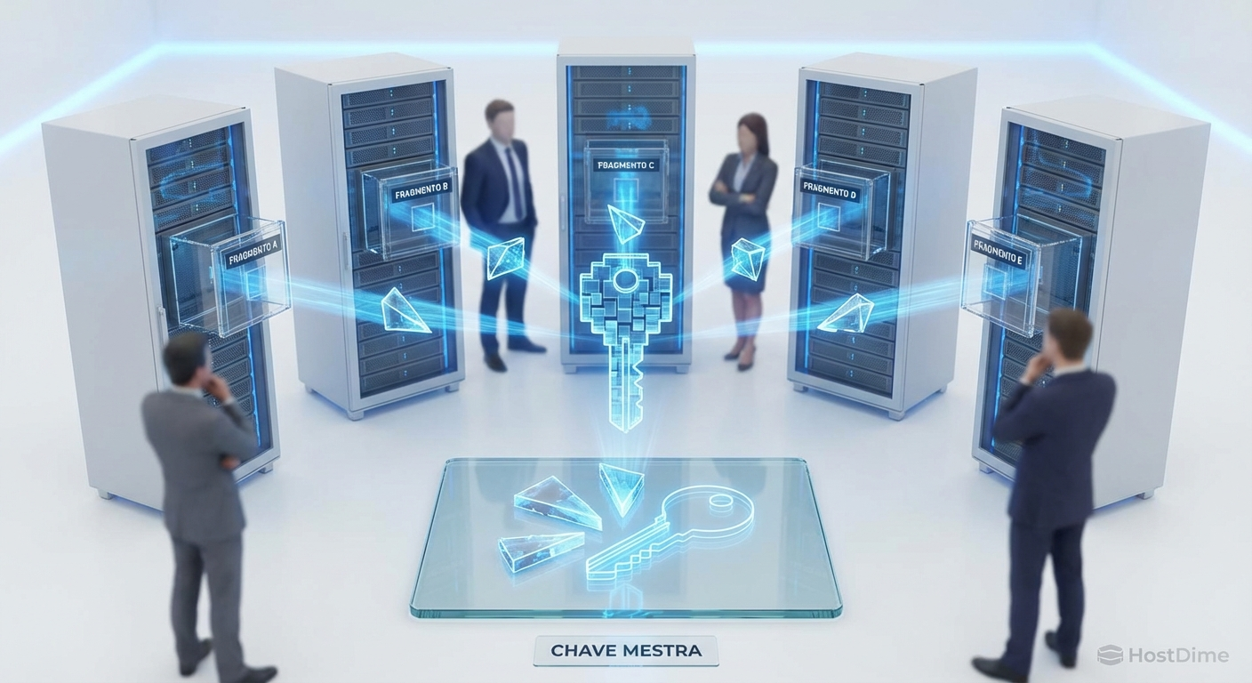 Ilustração conceitual do controle por quórum dividindo uma chave mestre entre múltiplos administradores