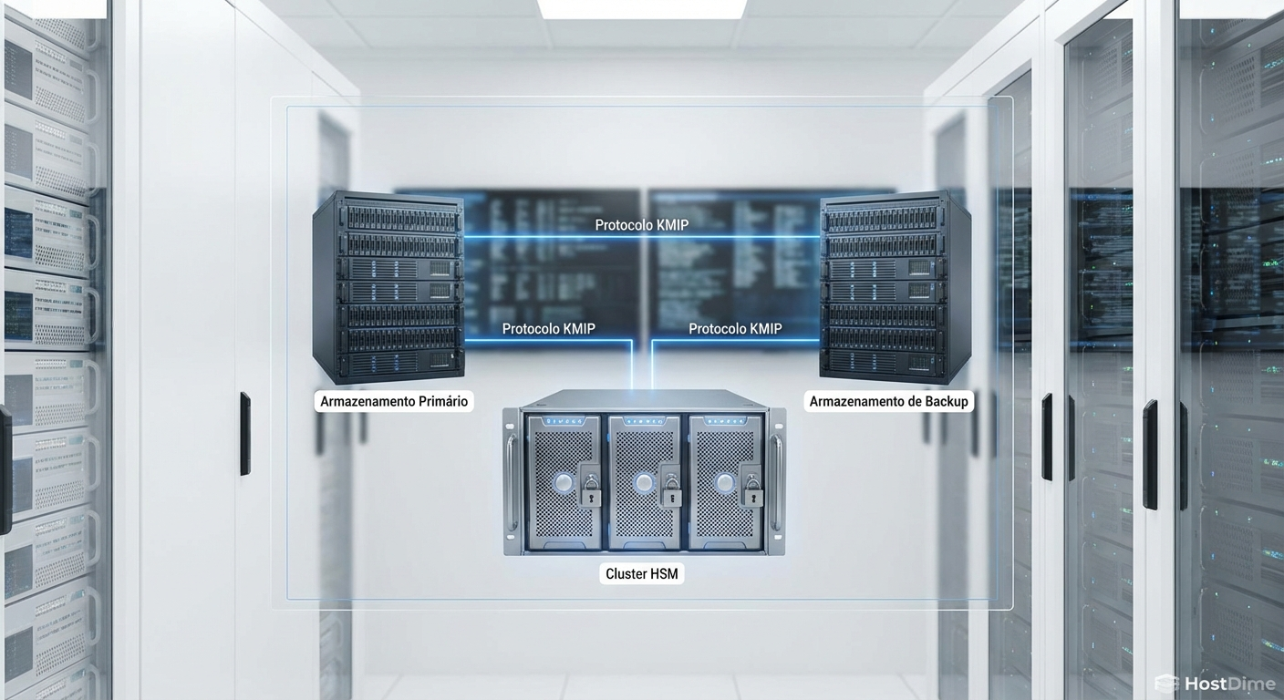 Topologia de rede demonstrando a integração de arrays de storage com um cluster de HSMs via protocolo KMIP