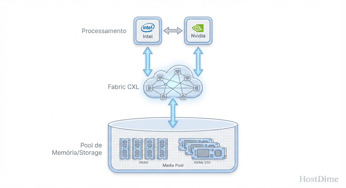 Fig 1. O novo paradigma: Desagragação de memória e storage via CXL.