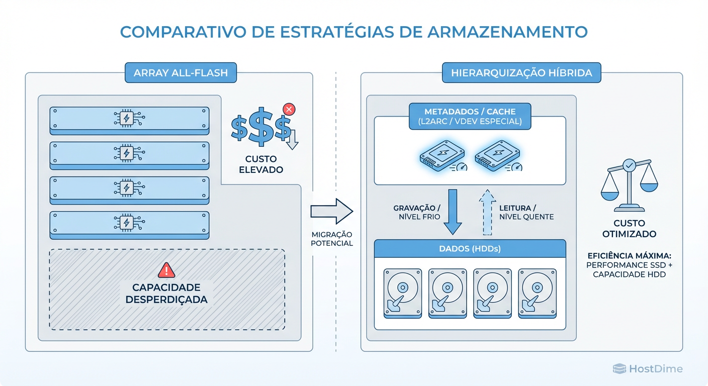 Mitigação de Custo via Arquitetura: Mover de All-Flash indiscriminado para Tiering Híbrido pode salvar 60% do orçamento sem perda perceptível de latência para a maioria dos workloads.