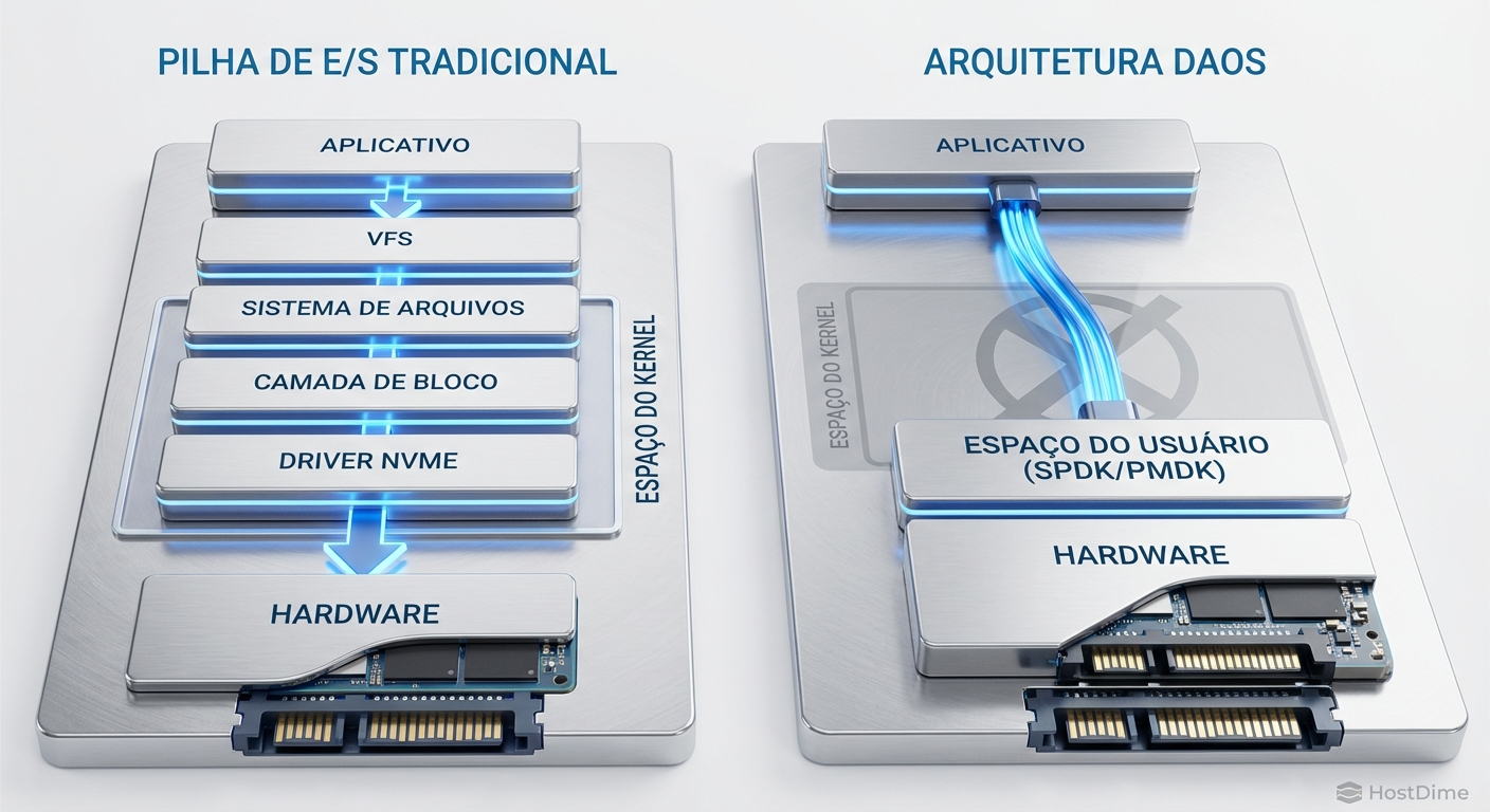 Comparativo arquitetural entre a pilha de I/O tradicional e o bypass de kernel utilizado pelo DAOS