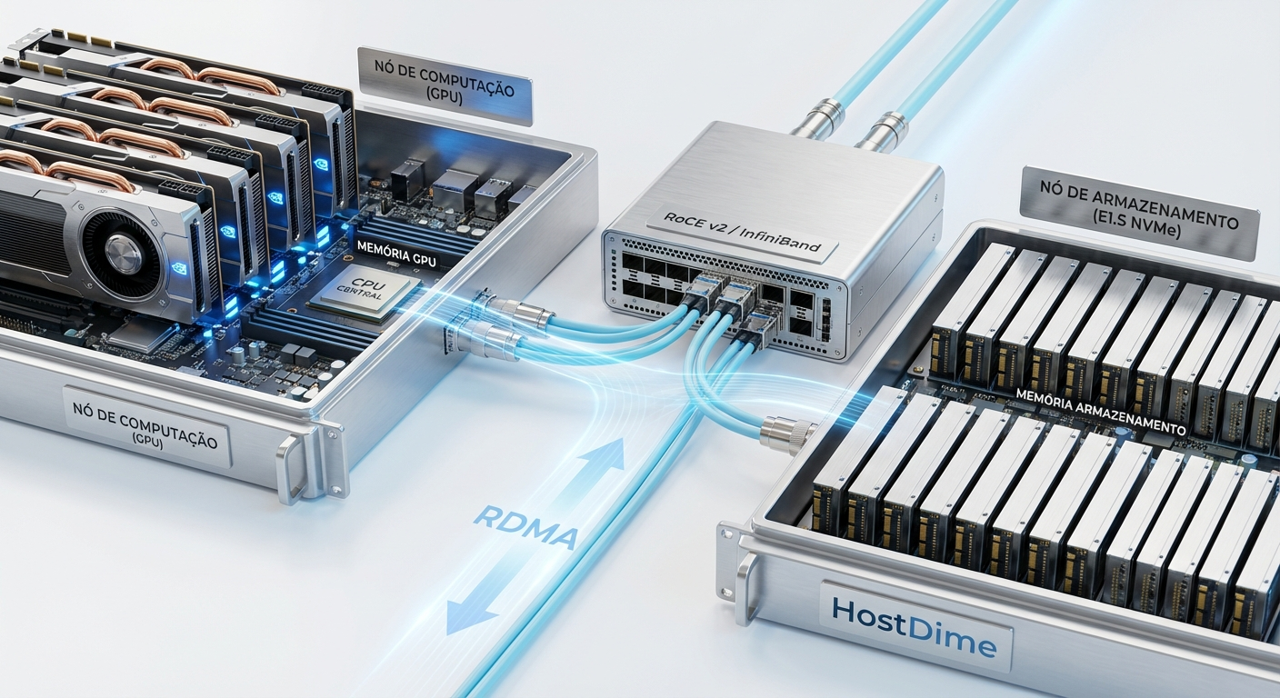 Topologia de rede demonstrando o fluxo de dados via RDMA direto para as GPUs, essencial para o funcionamento do DAOS