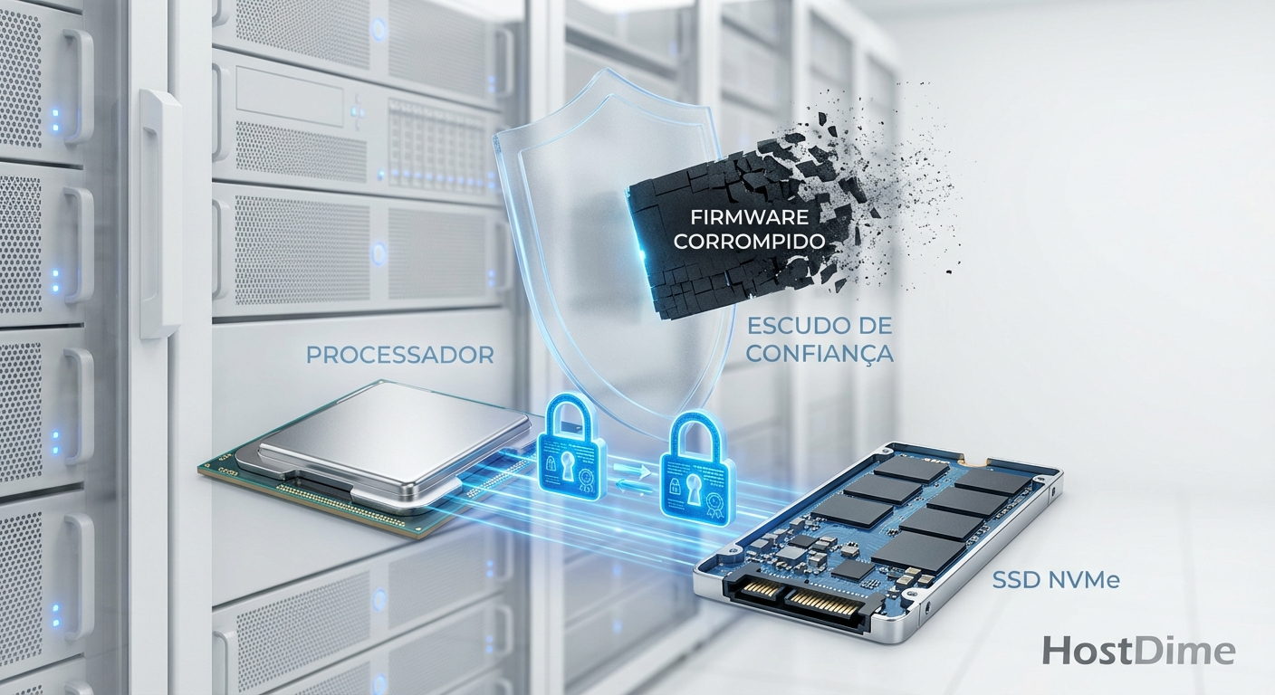 Ilustração do protocolo SPDM: o processador e o SSD realizam um handshake criptográfico, enquanto o Root of Trust bloqueia um firmware corrompido.
