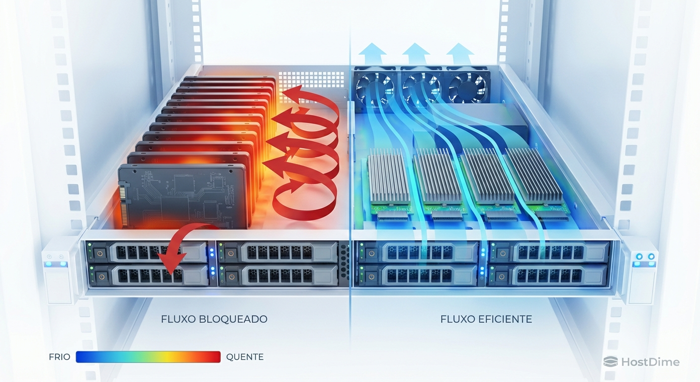 Simulação de Dinâmica dos Fluidos Computacional (CFD) comparando a retenção de calor em arrays U.2 (esquerda) versus a permeabilidade térmica do EDSFF E3.S (direita).