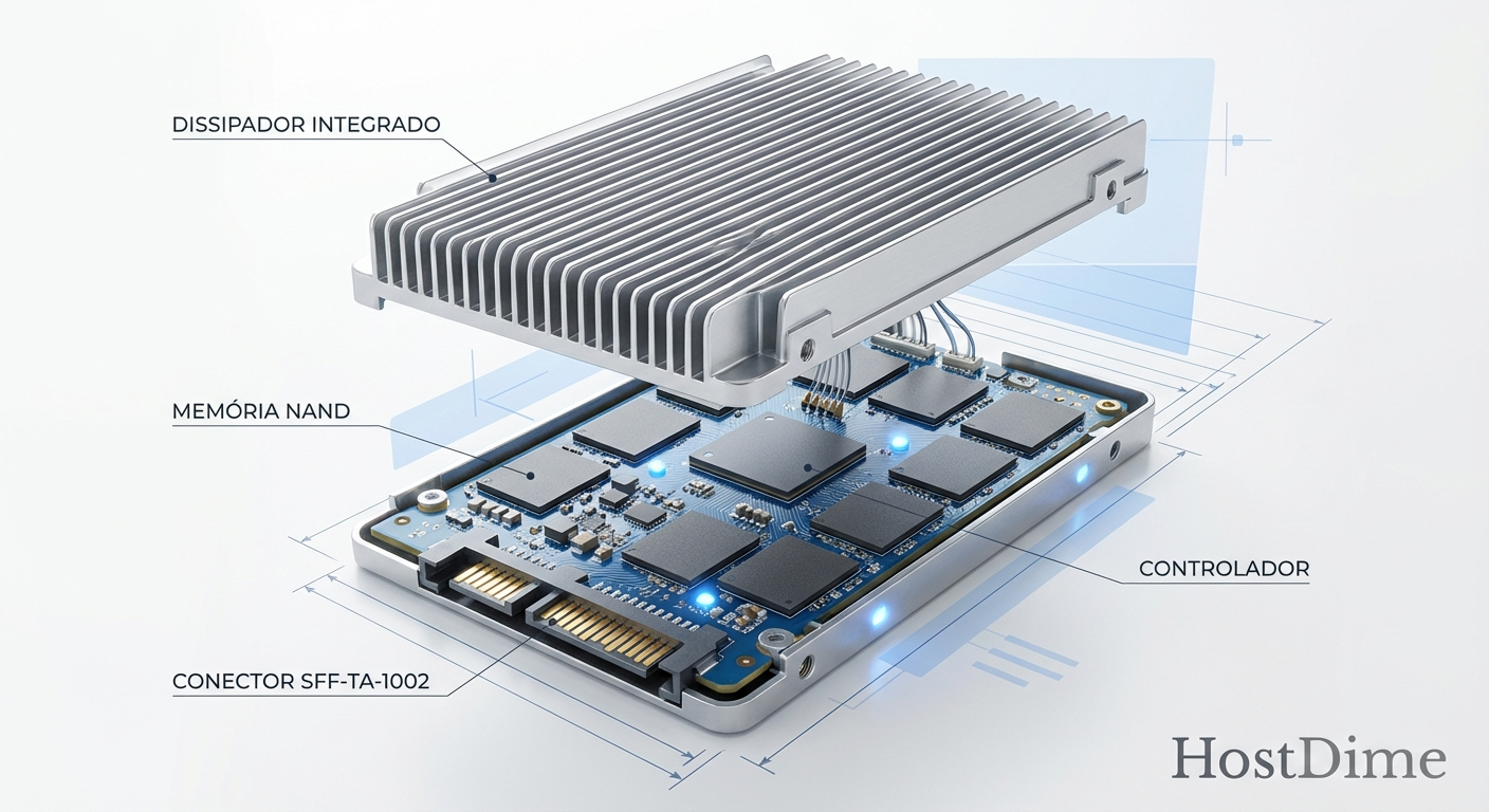 Vista explodida de um SSD EDSFF E3.S, destacando como o dissipador de calor aletado é parte integrante da estrutura do drive, permitindo refrigeração direta dos componentes críticos.