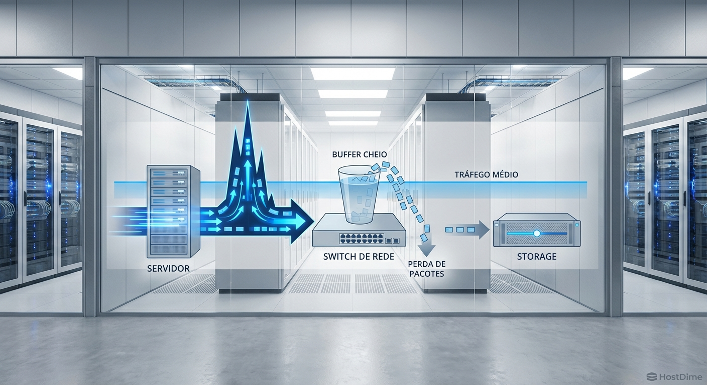 Representação visual de um microburst saturando o buffer de um switch de rede, resultando em descarte de pacotes de storage.