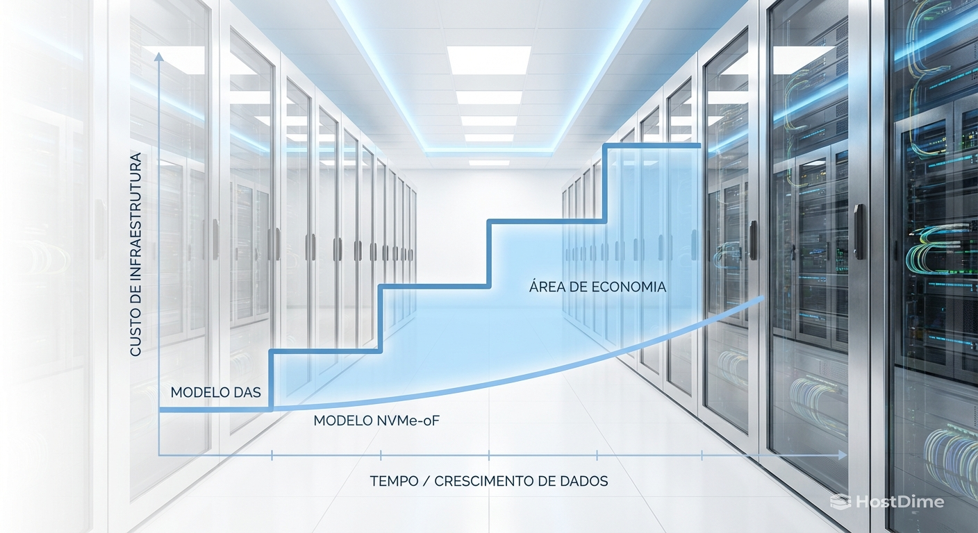 Gráfico comparativo de TCO: o crescimento em degraus do modelo DAS versus a curva linear e otimizada do armazenamento desagregado.