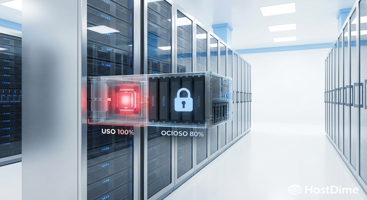 Representação visual da capacidade ociosa: CPU no limite enquanto discos NVMe permanecem subutilizados e inacessíveis para a rede.