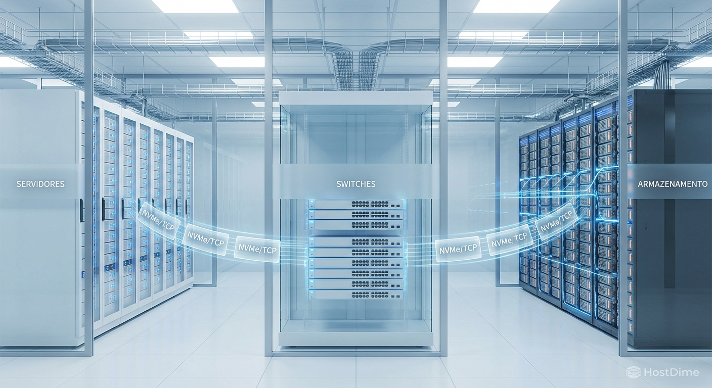 Topologia de rede ilustrando a adoção de NVMe/TCP sobre infraestrutura Ethernet padrão, facilitando a transição.