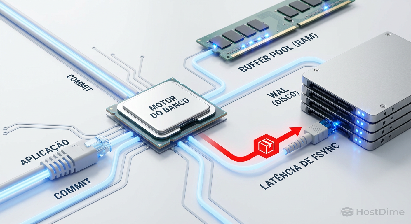 O gargalo invisível: o banco de dados não libera a transação até que o storage confirme a gravação física no log.