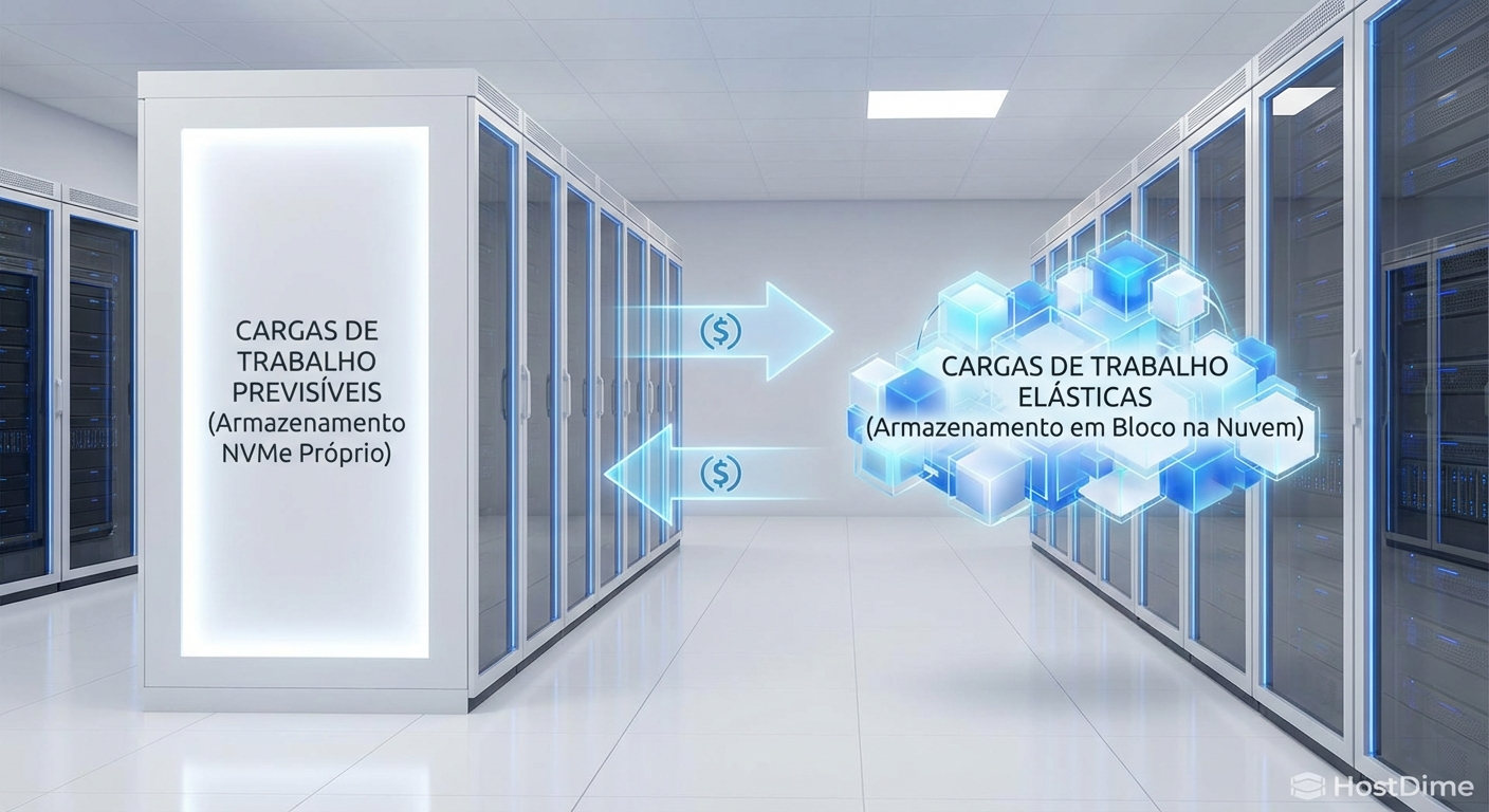 Diagrama de arquitetura híbrida ilustrando o conceito de ser dono da carga base em NVMe e alugar a elasticidade da nuvem.