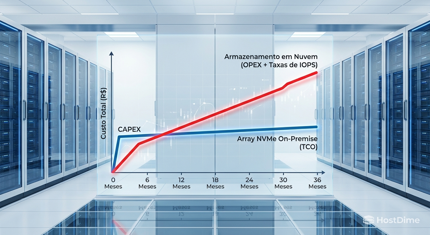 Gráfico financeiro comparando o custo cumulativo de discos em nuvem versus o TCO de um array NVMe próprio ao longo de 36 meses.