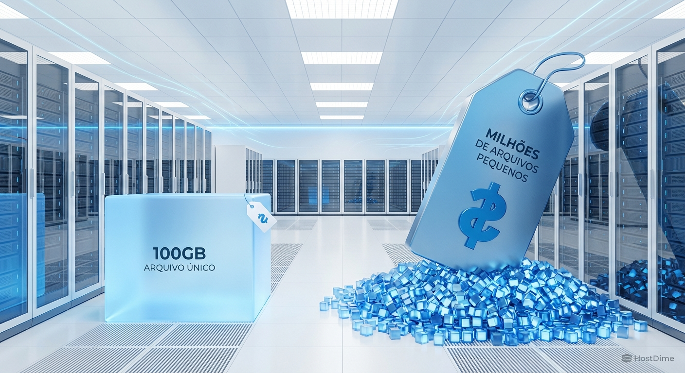 Comparação visual do peso financeiro entre um arquivo grande e milhões de arquivos pequenos no object storage.