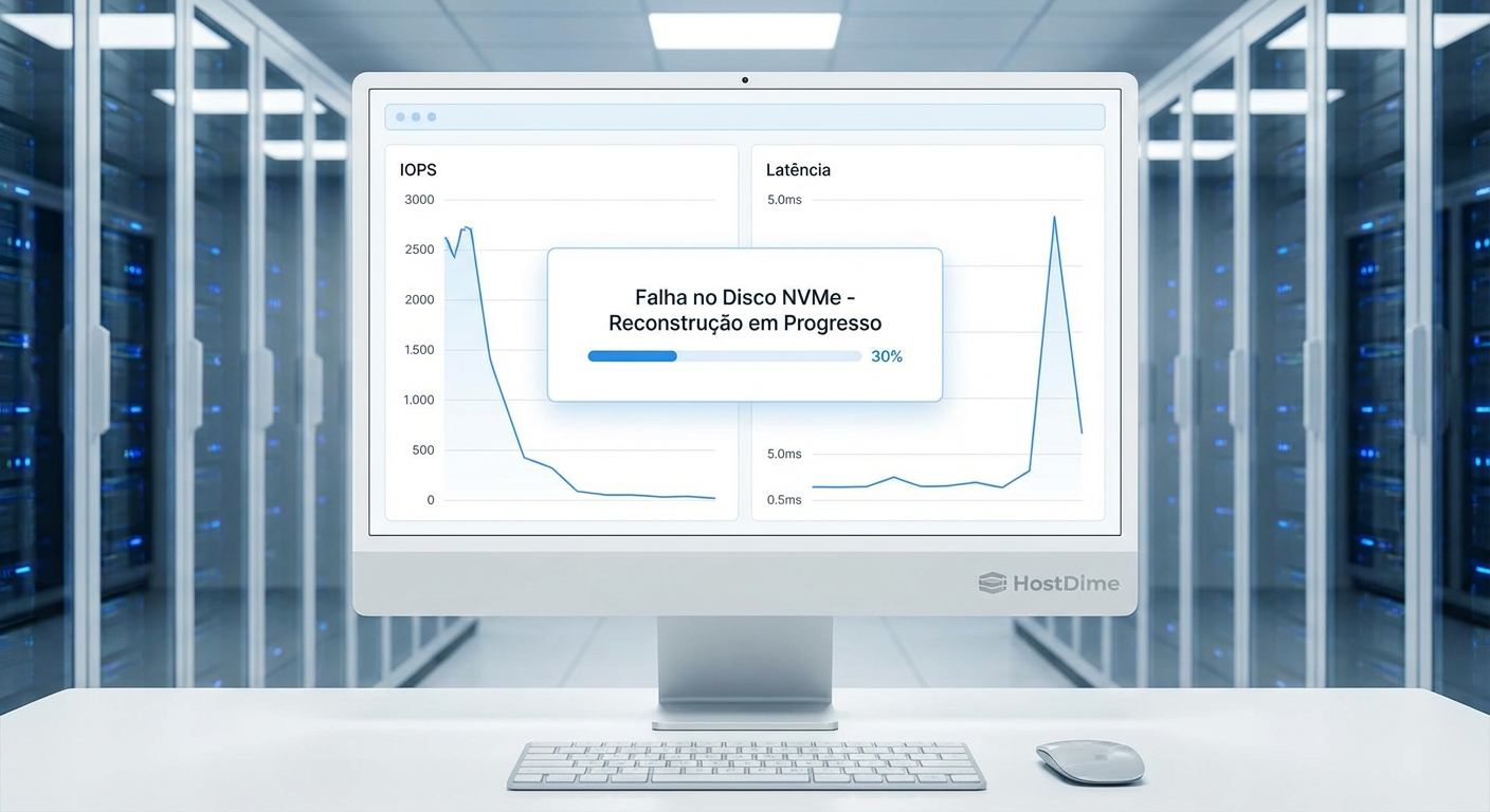 Dashboard de monitoramento de storage exibindo queda de IOPS e pico de latência durante o rebuild de um disco NVMe