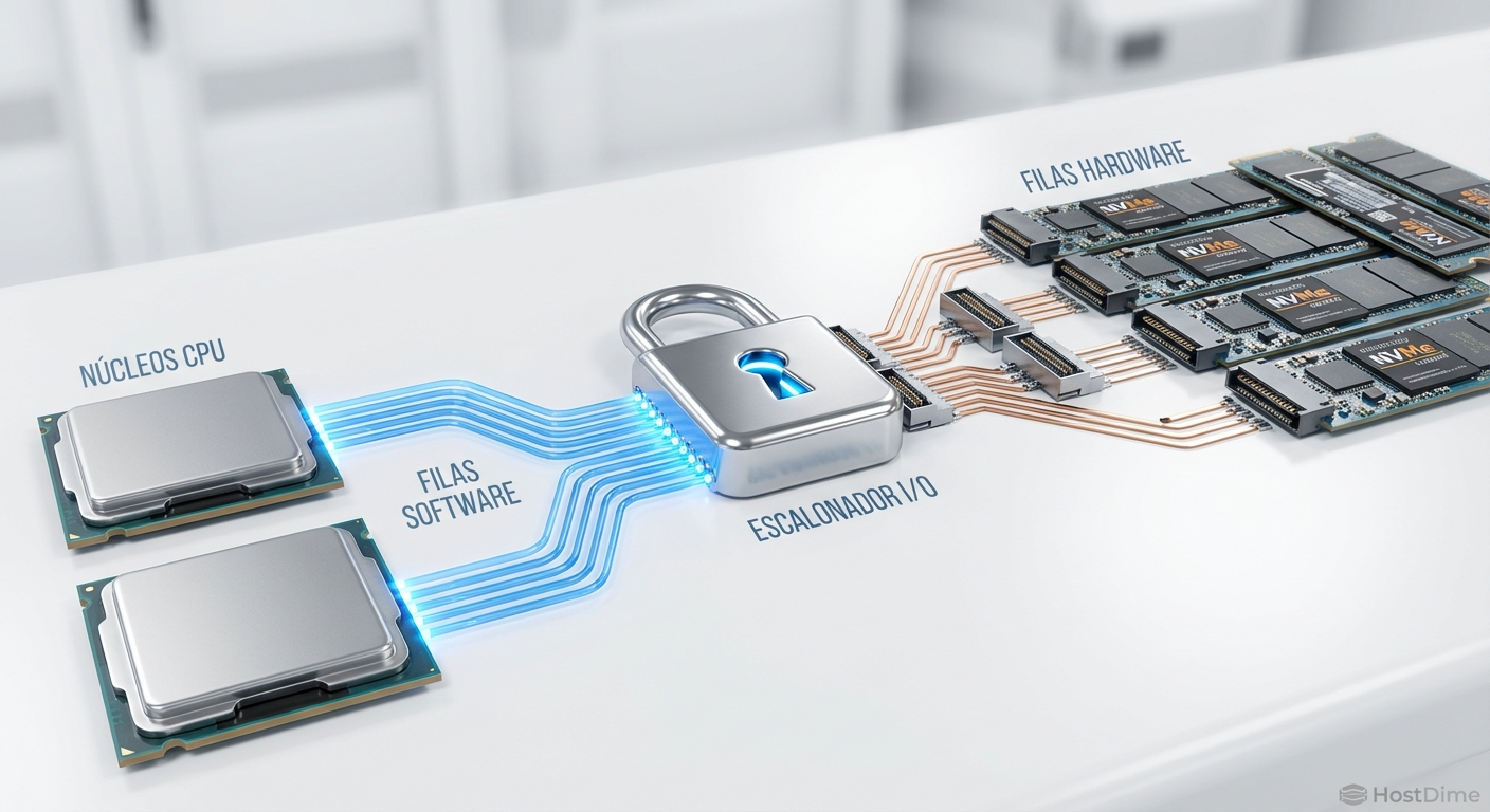Arquitetura do blk-mq mostrando o afunilamento causado pelo scheduler de I/O antes de atingir as filas de hardware do NVMe.