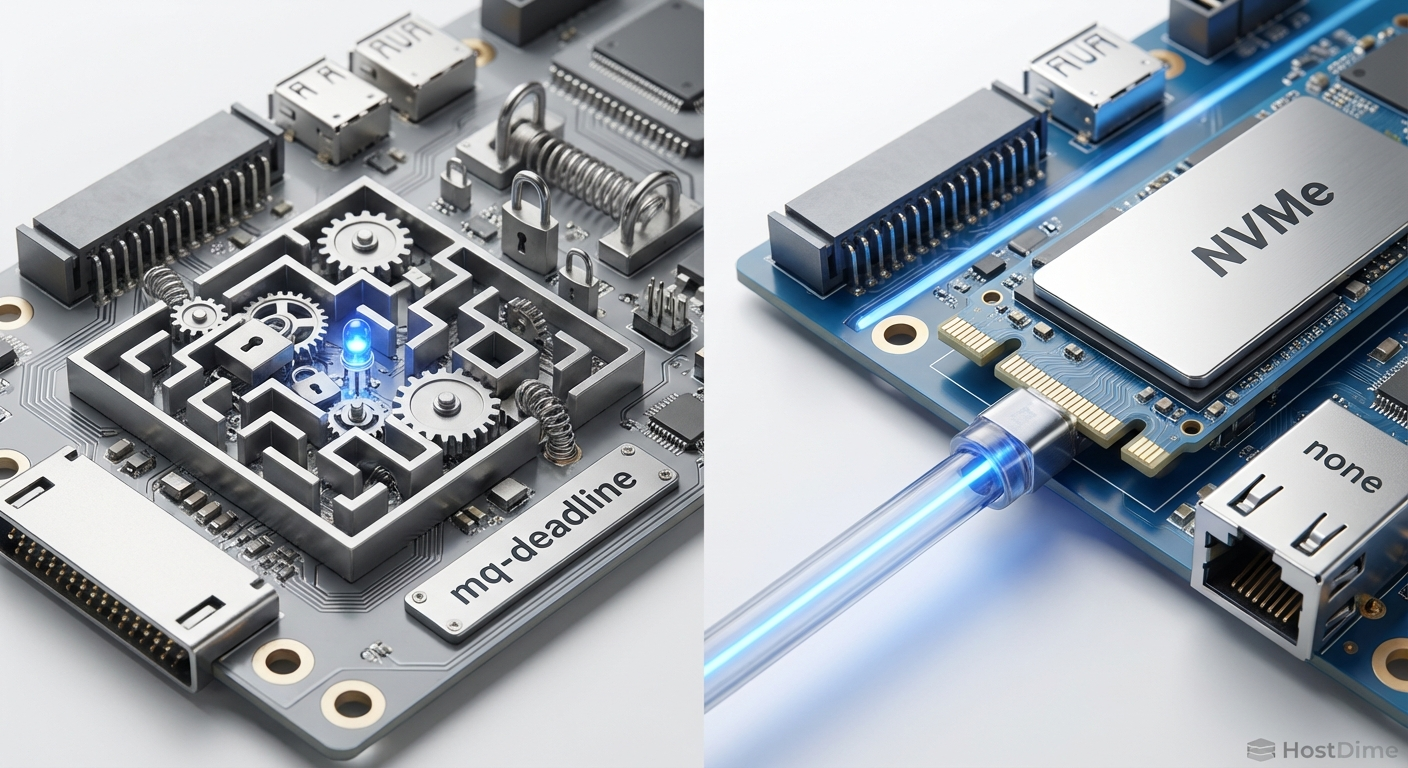 Comparativo visual do caminho de dados: a complexidade do mq-deadline versus a submissão direta com a política none.