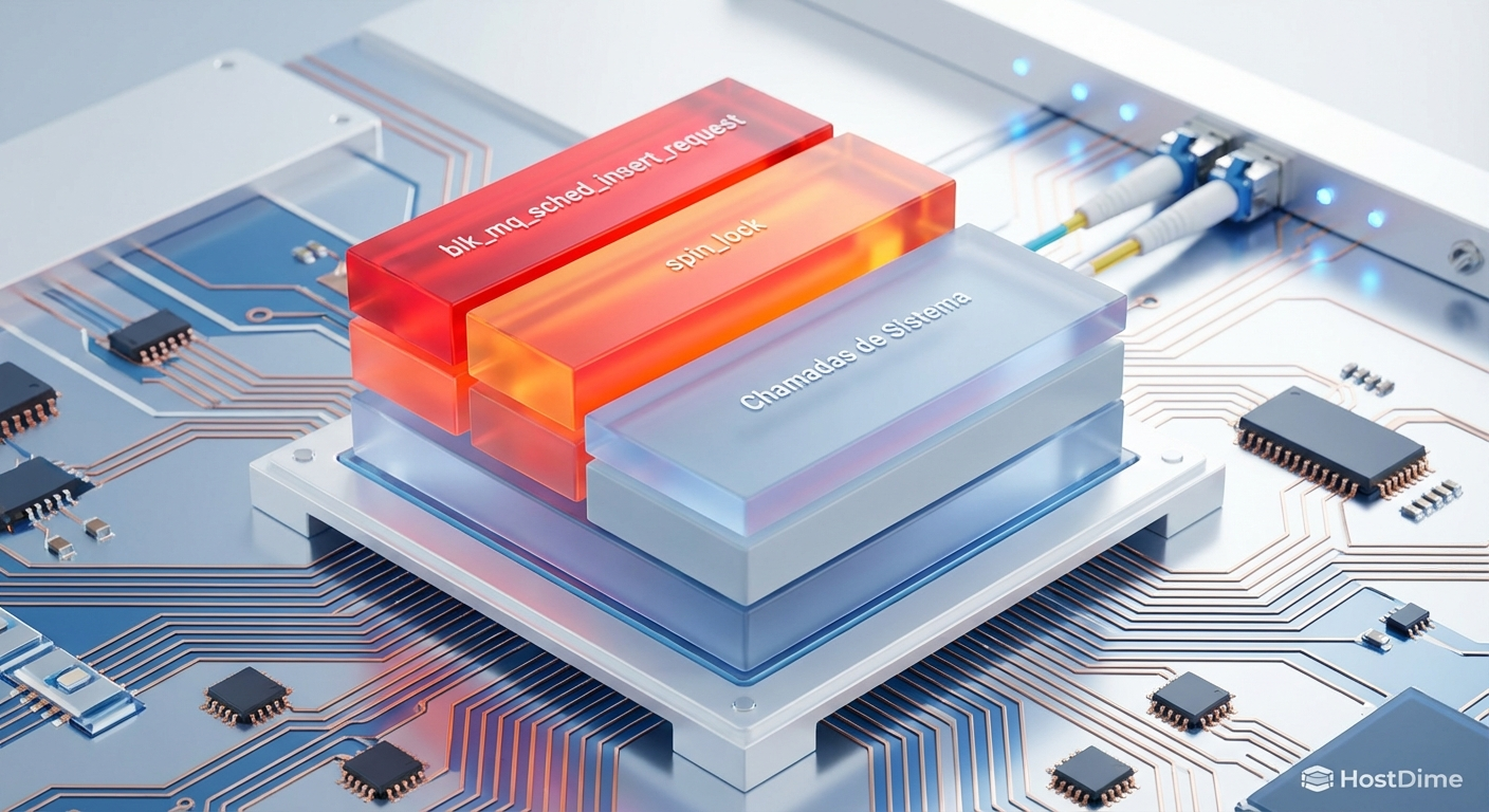 Representação conceitual de um Flame Graph evidenciando o tempo de CPU gasto em funções de lock do scheduler de I/O.
