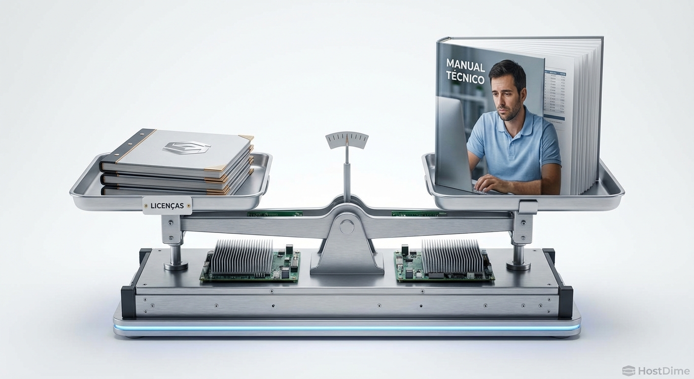 Balança pesando o custo de licenças comerciais contra a complexidade técnica do open source