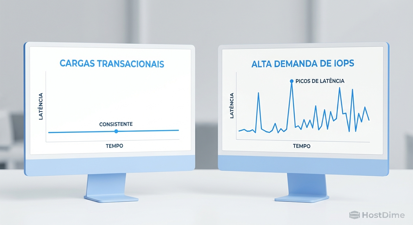 Gráficos comparativos mostrando latência consistente versus picos de latência de cauda
