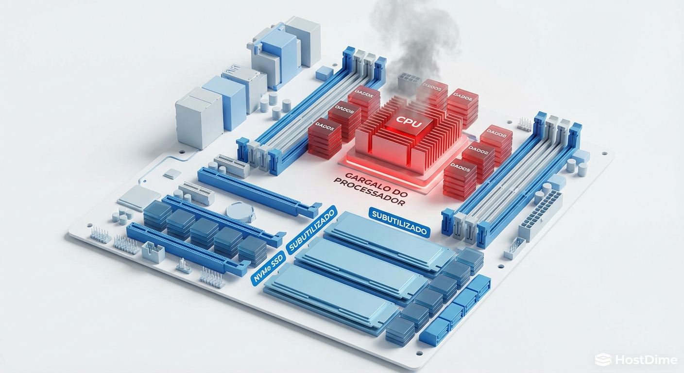 Ilustração conceitual de uma CPU saturada enquanto os discos NVMe aguardam comandos