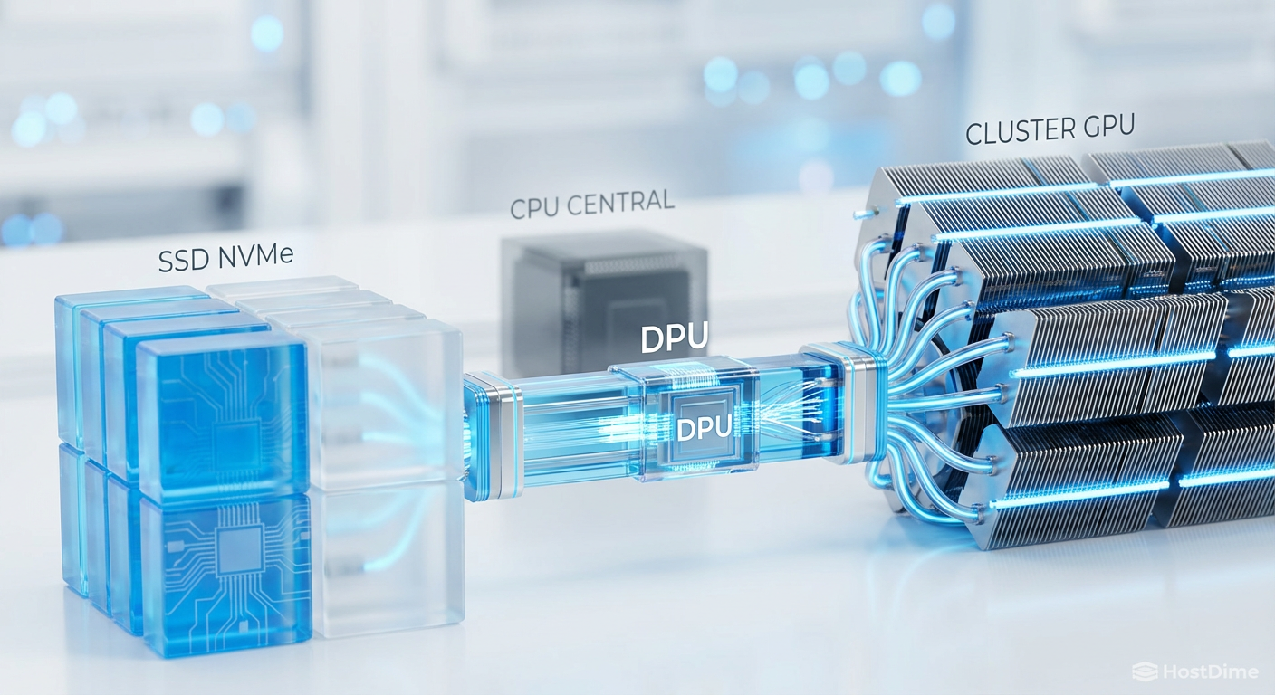 O fluxo de dados moderno: O BlueField-4 cria uma ponte direta entre o armazenamento NVMe e as GPUs, deixando a CPU x86 obsoleta para a movimentação de dados.