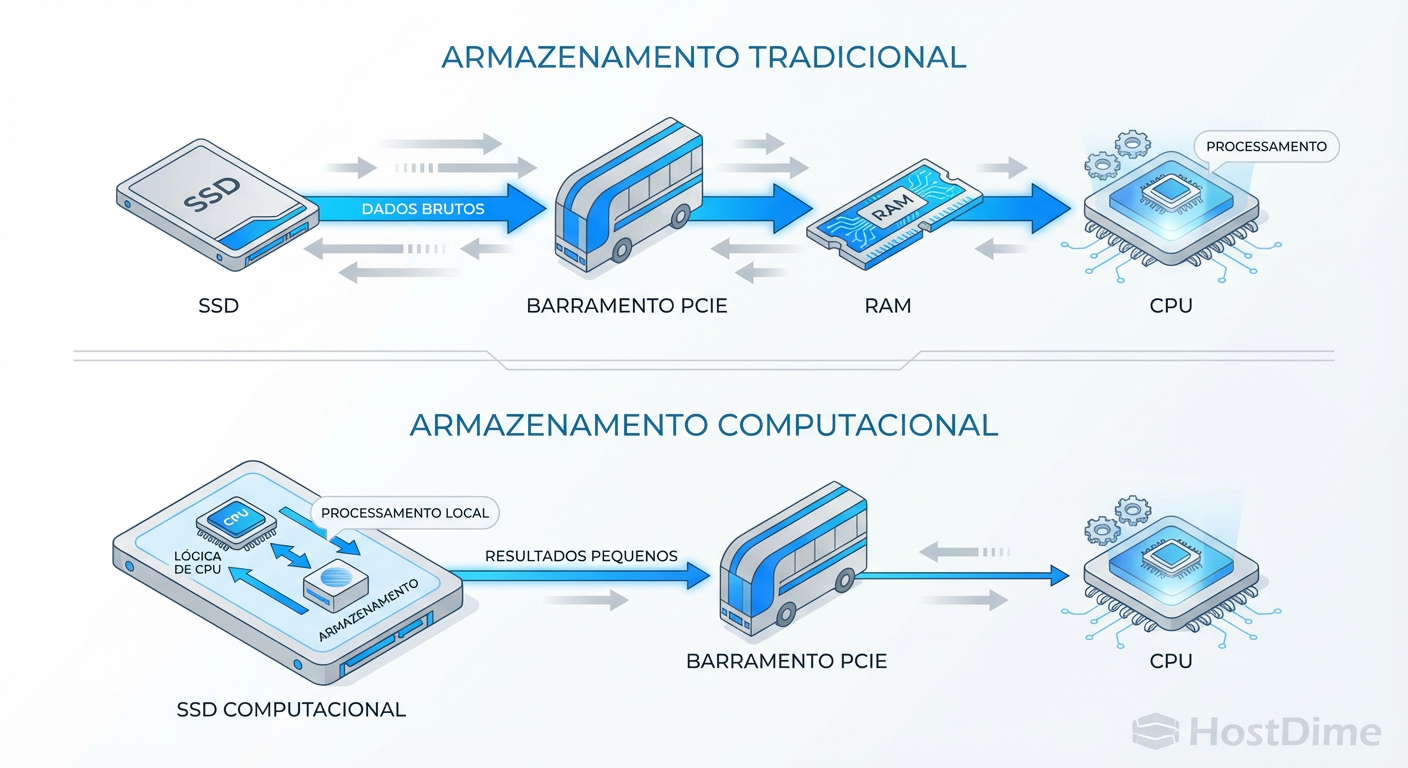 Arquitetura de Computational Storage: Reduzindo a latência e o tráfego no barramento PCIe processando dados in-situ.