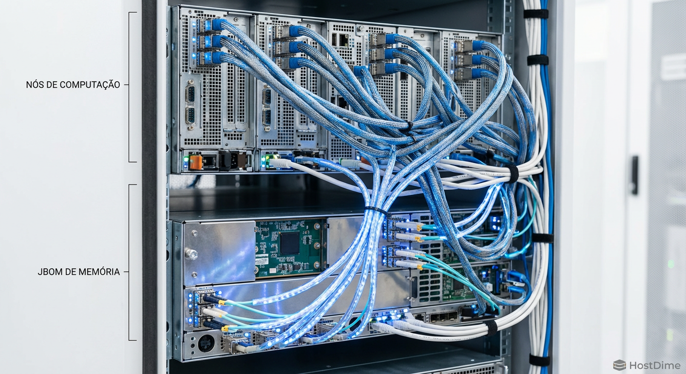 Arquitetura física de rack: Compute Nodes acessando um JBOM (Just a Bunch of Memory) via CXL Fabric.