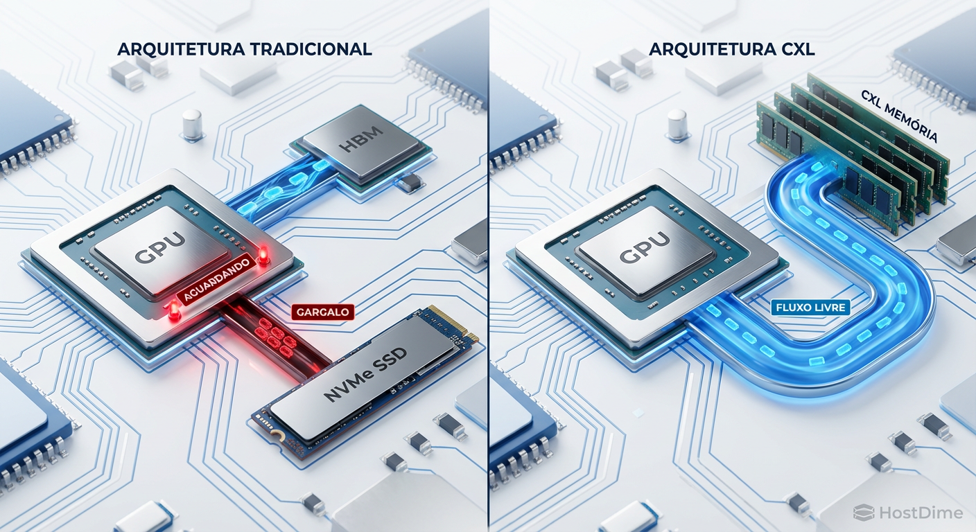 Comparativo de fluxo de dados: O gargalo do NVMe tradicional vs. a largura de banda expandida via CXL Memory Pool.
