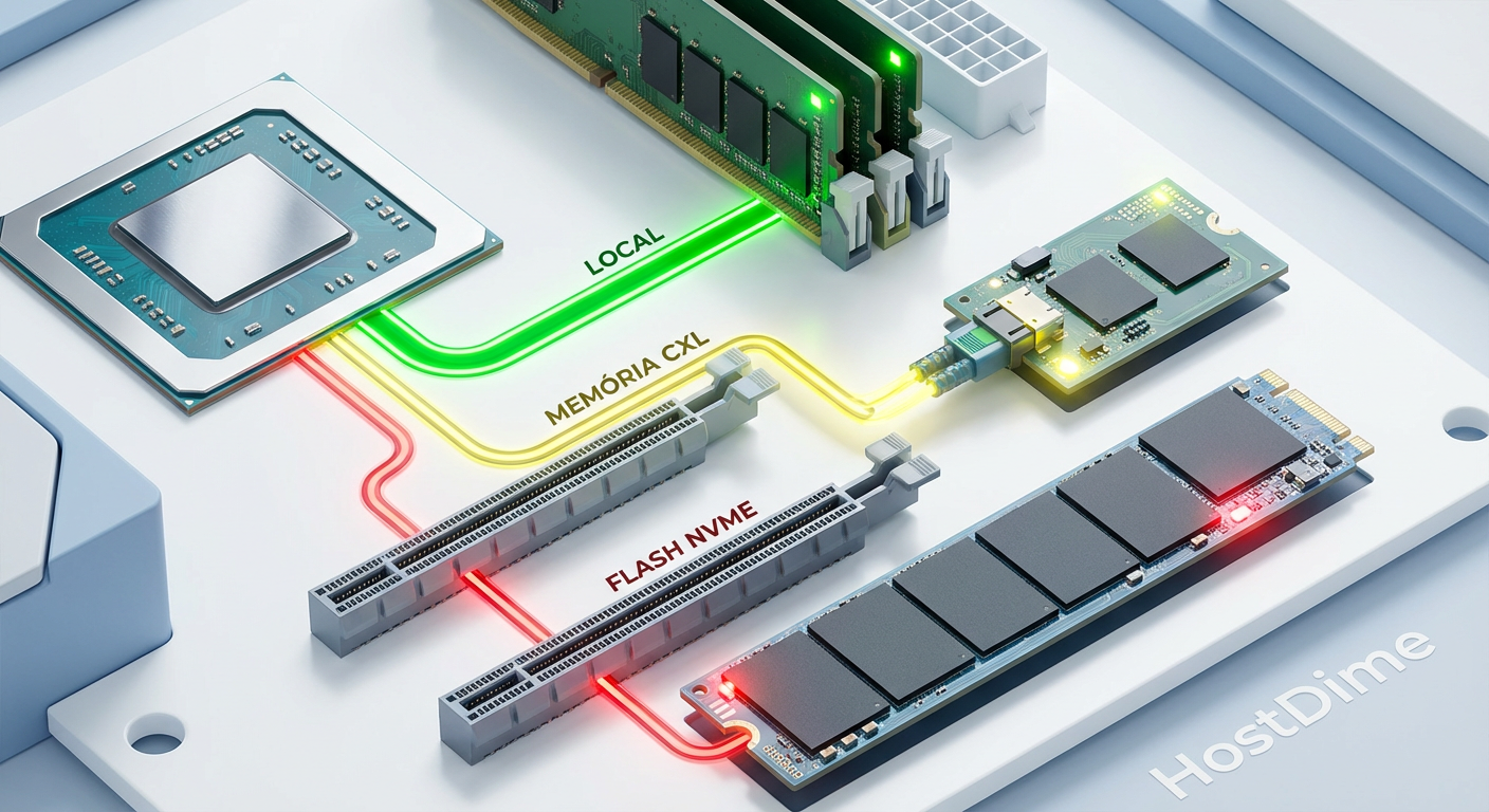 Comparativo visual dos caminhos de dados: Acesso direto à DRAM (Near Memory), acesso via CXL (Far Memory) e acesso via NVMe (Storage I/O).