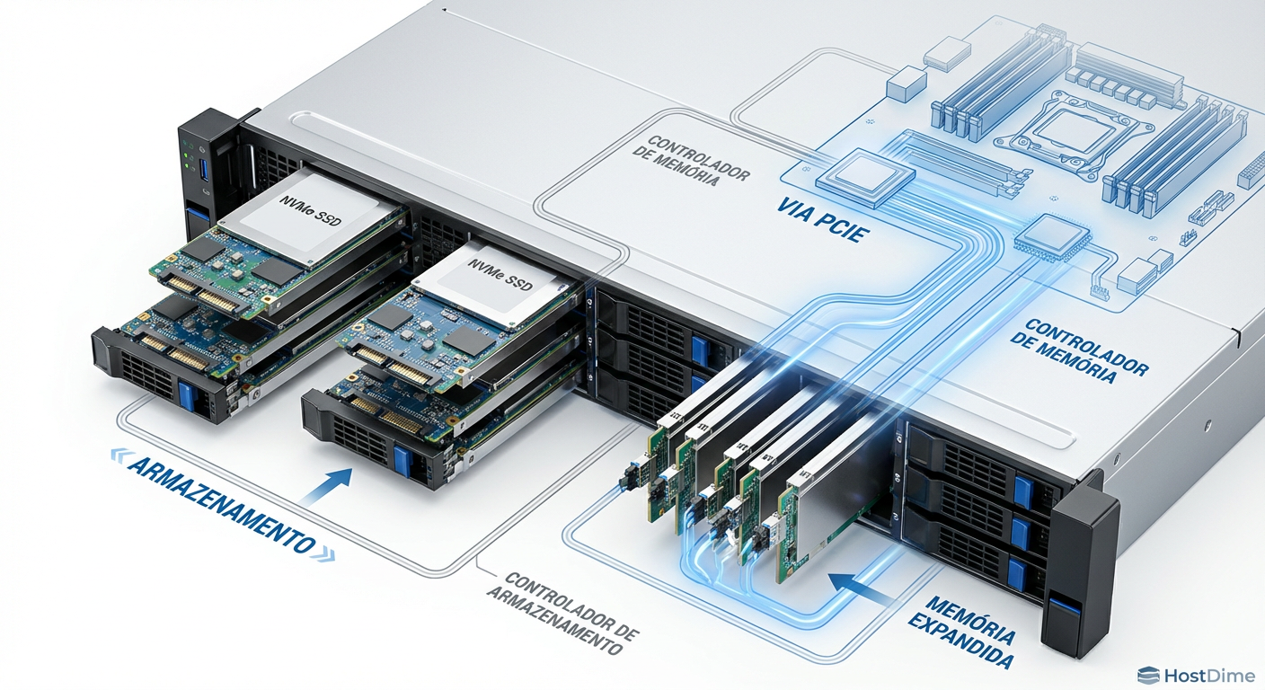 Diagrama técnico de um chassi de servidor híbrido utilizando baias EDSFF tanto para armazenamento NVMe quanto para expansão de memória via módulos CXL E3.S.