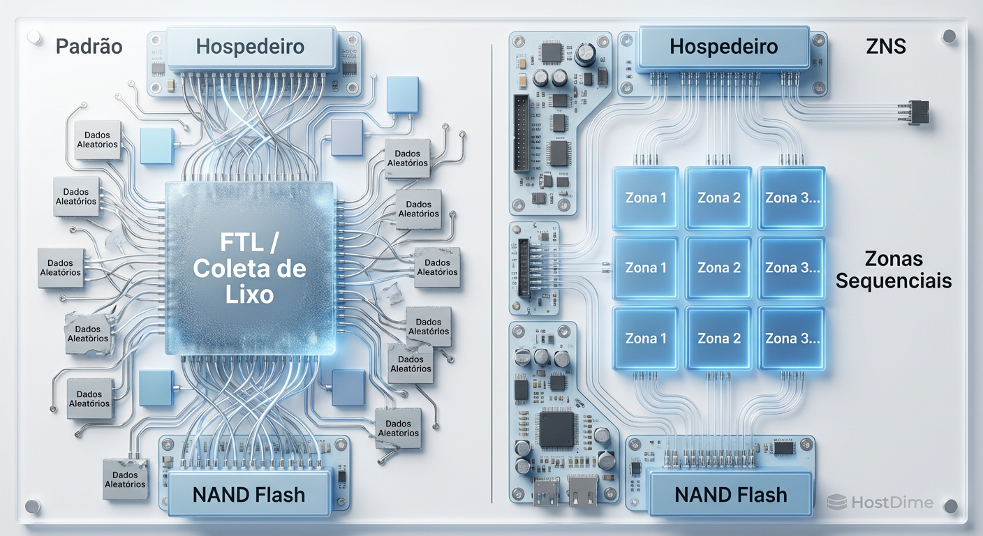 Comparação arquitetural: A confusão da FTL convencional versus a linearidade do ZNS.
