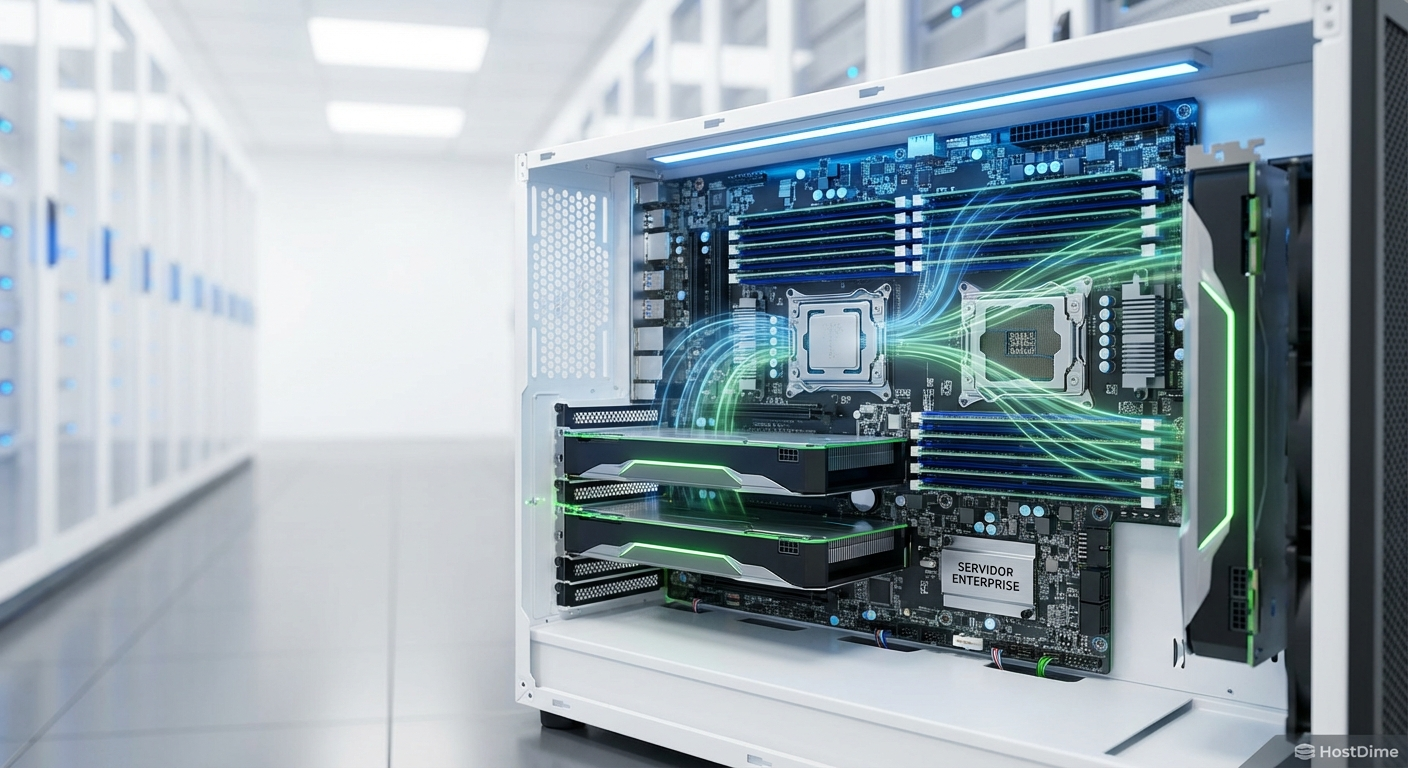 Renderização 3D de uma placa-mãe de servidor mostrando slots DDR5 lotados e placas de expansão CXL conectadas aos slots PCIe.