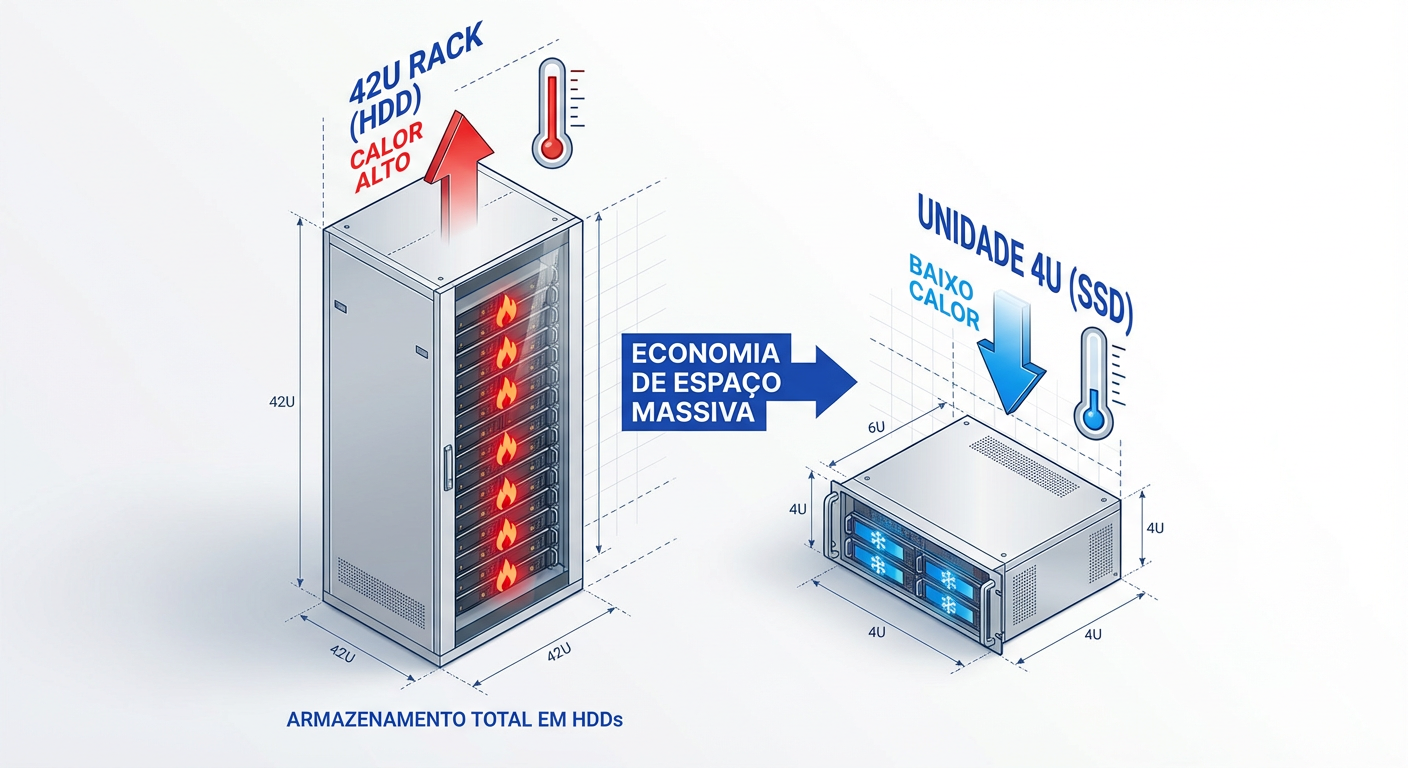 Densidade de Dados: Comparativo de espaço físico e eficiência térmica para 1 Petabyte.