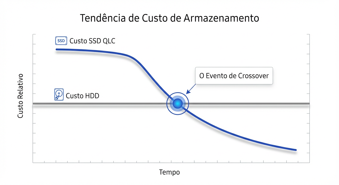 Gráfico de Tendência: O cruzamento inevitável do custo $/TB entre HDD e SSD QLC.