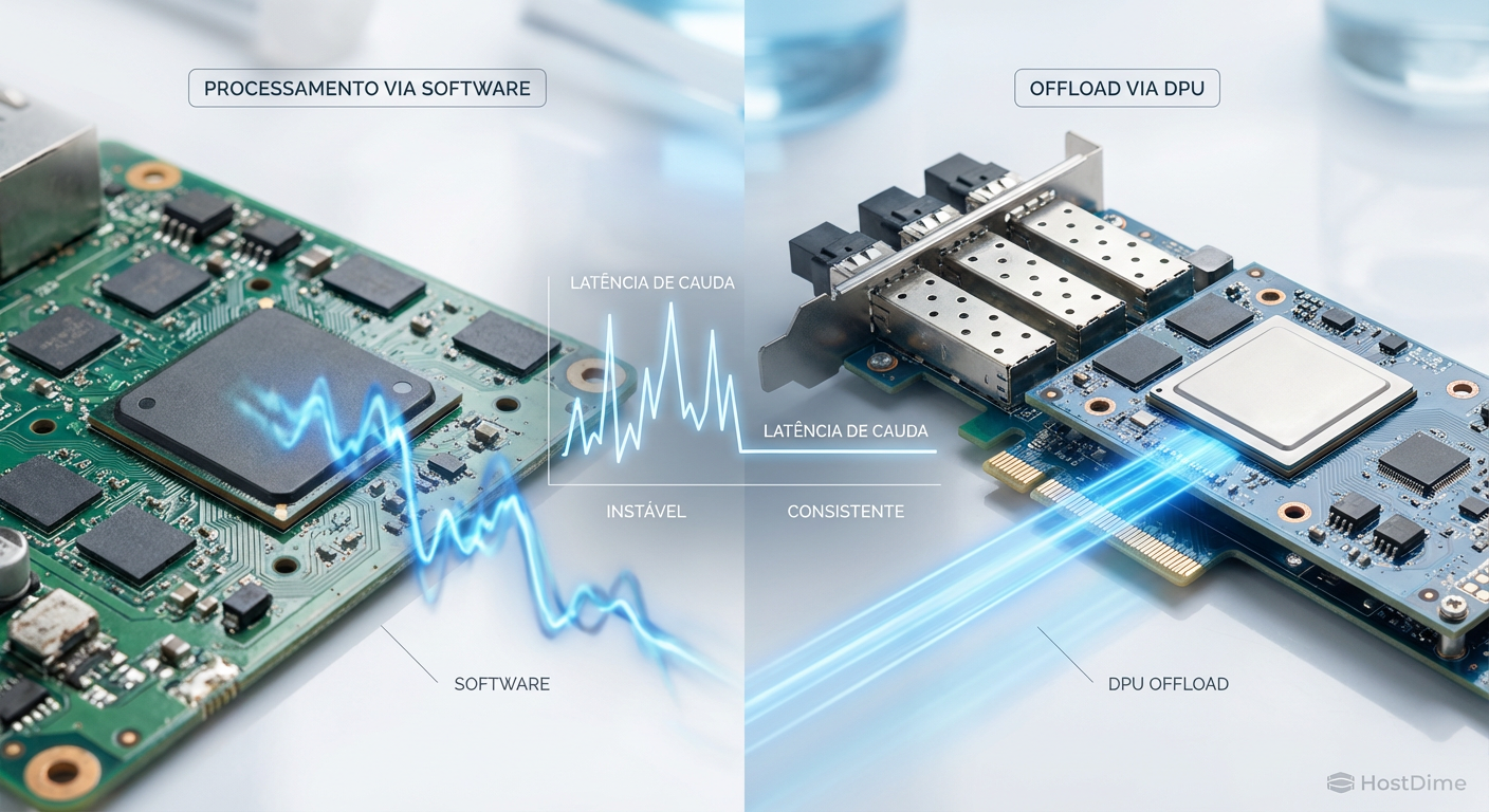 Comparativo de Latência de Cauda: A instabilidade do processamento via software versus a consistência determinística do offload via DPU.