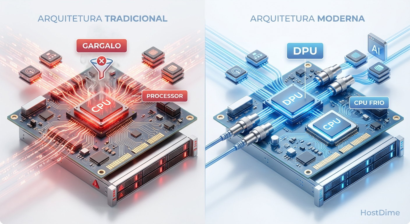 Comparação do fluxo de processamento: CPU saturada pelo imposto de I/O versus arquitetura descarregada pela DPU.
