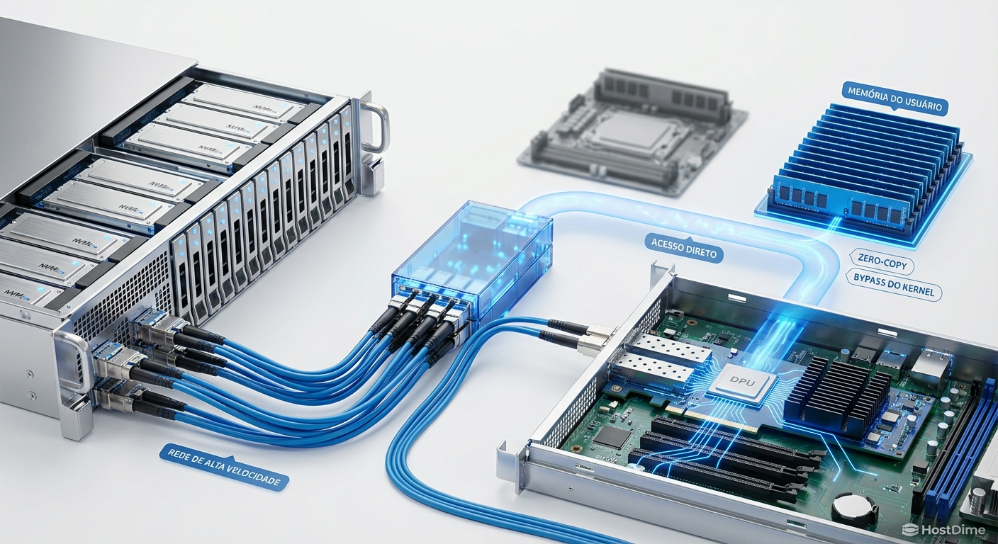 Fluxo de dados via RDMA: a DPU permite que o storage acesse a memória da aplicação ignorando o kernel do sistema operacional.