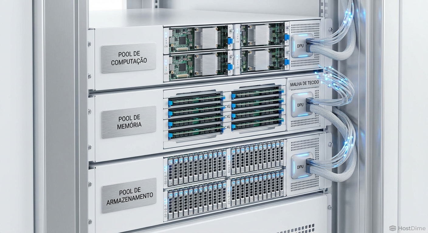 Visão em escala de rack: pools desagregados de computação, memória (CXL) e storage (NVMe) orquestrados por DPUs.