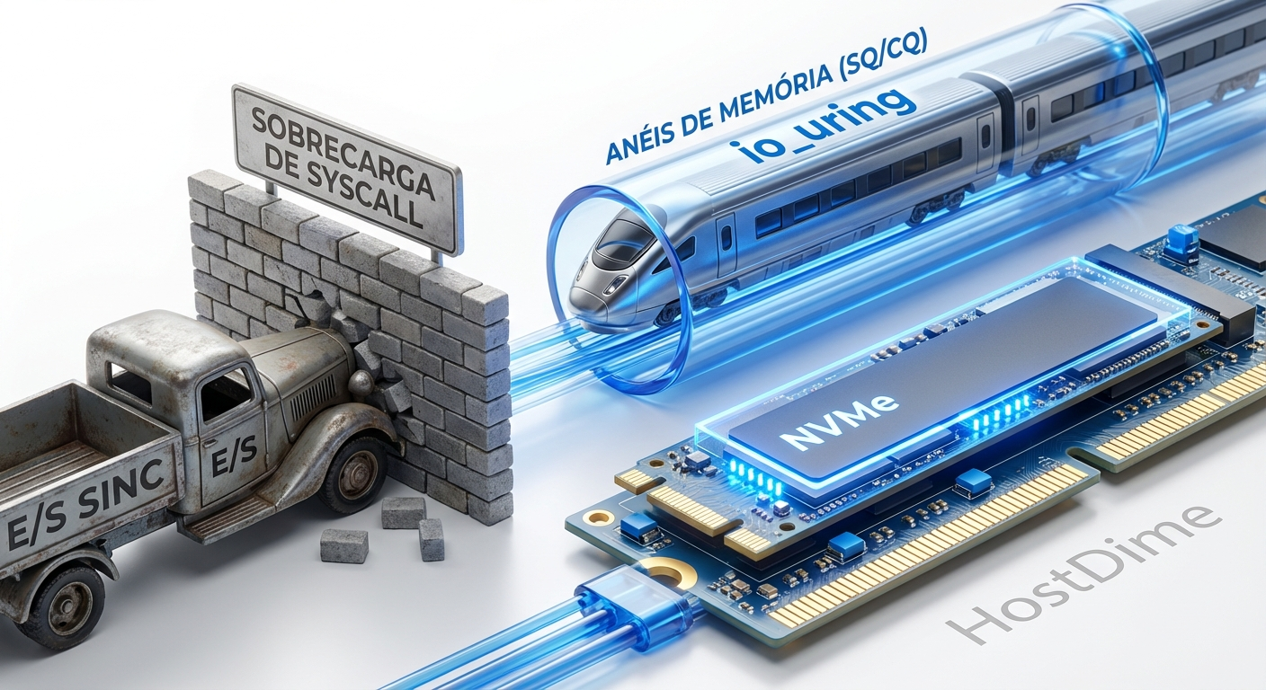 Diagrama conceitual mostrando o io_uring contornando o gargalo das syscalls tradicionais para acessar o NVMe