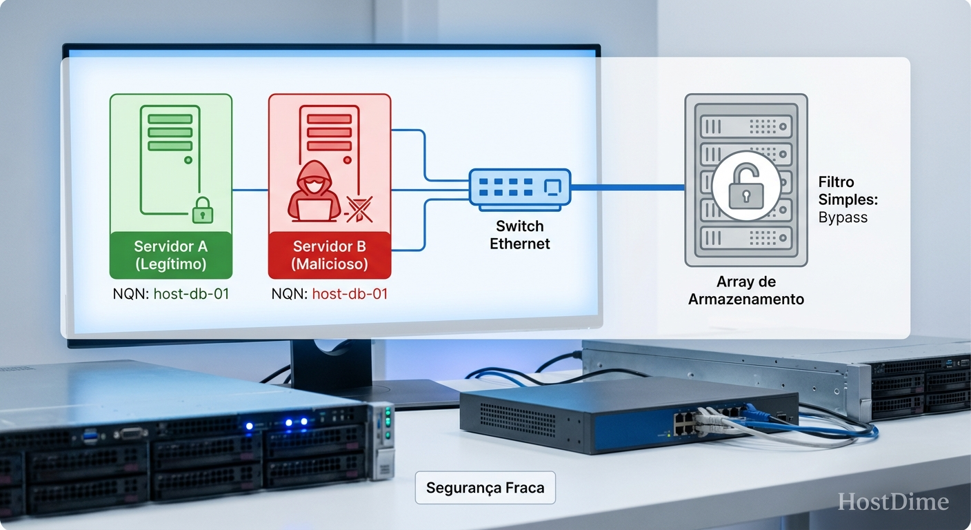 Diagrama ilustrando um ataque de spoofing de NQN onde um servidor comprometido clona o identificador legítimo para acessar volumes de dados.
