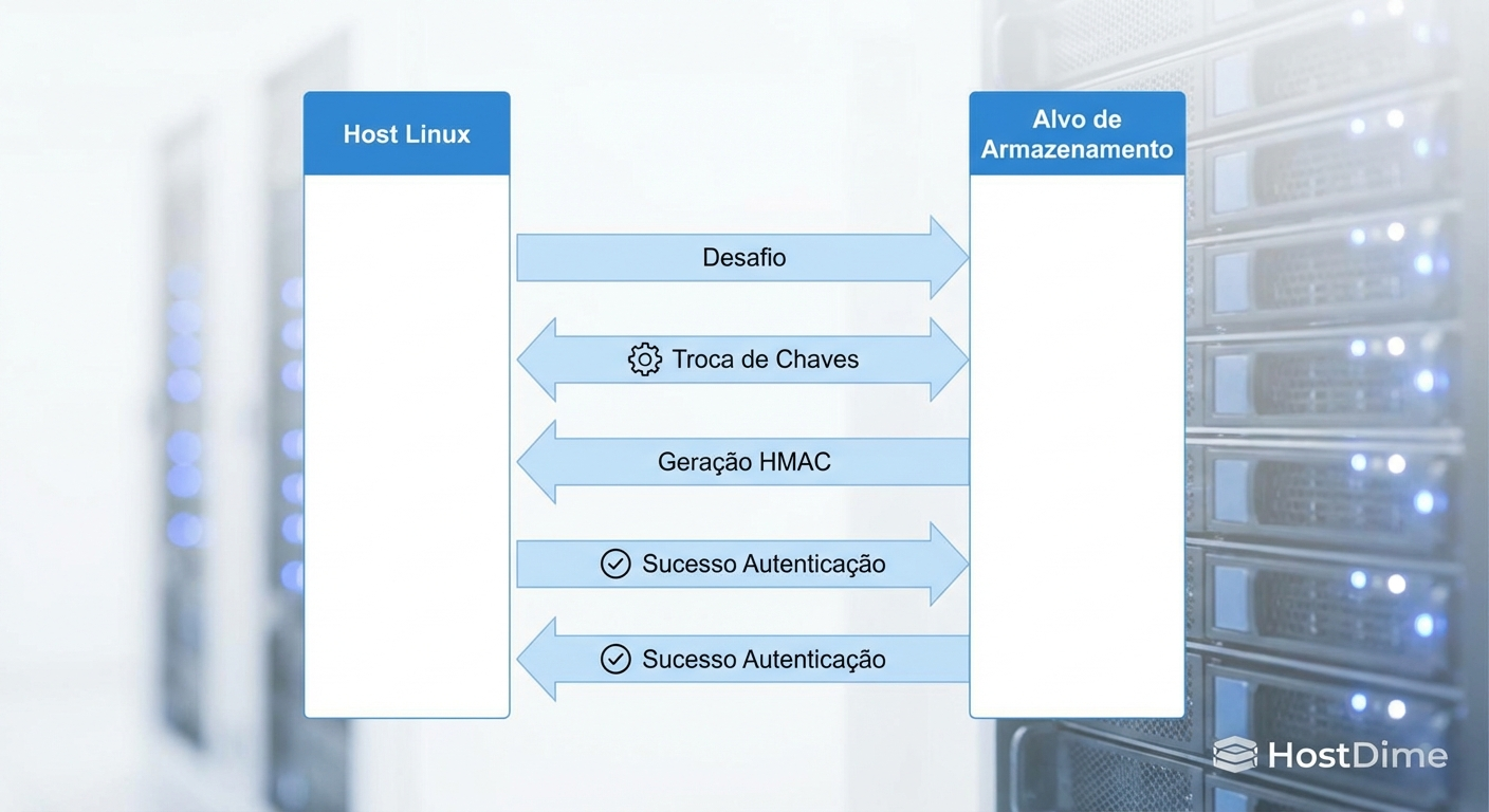 Fluxo de autenticação mútua do protocolo DH-HMAC-CHAP garantindo a identidade criptográfica entre host e storage.