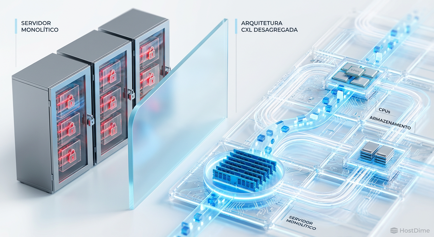 Comparativo visual: A rigidez do servidor tradicional com recursos presos versus a fluidez da arquitetura desagregada via CXL.