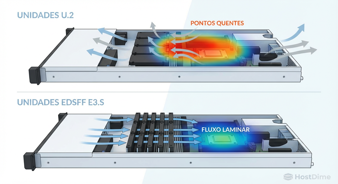 Comparação de fluxo de ar: O bloqueio causado pelo formato U.2 (topo) versus a eficiência aerodinâmica do E3.S (fundo).