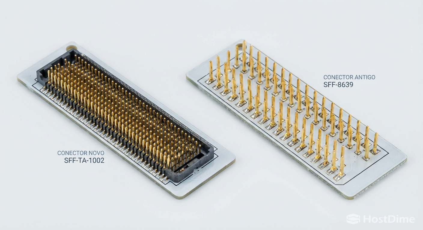 Detalhe do conector SFF-TA-1002 (direita) projetado para alta frequência, comparado ao legado SFF-8639 (esquerda).